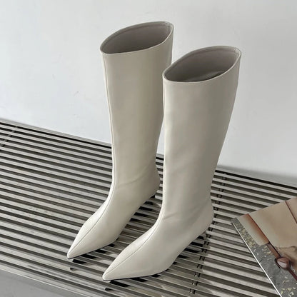 Women's Knee-High Cowboy Boots – Pointed Toe Slip-On Low Heel