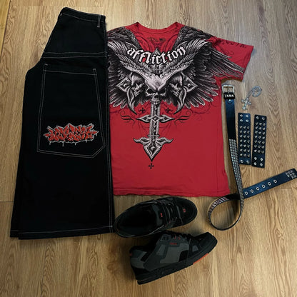 Y2K Men's Streetwear Set – Graphic Embroidered Shorts, Tops & Tracksuits
