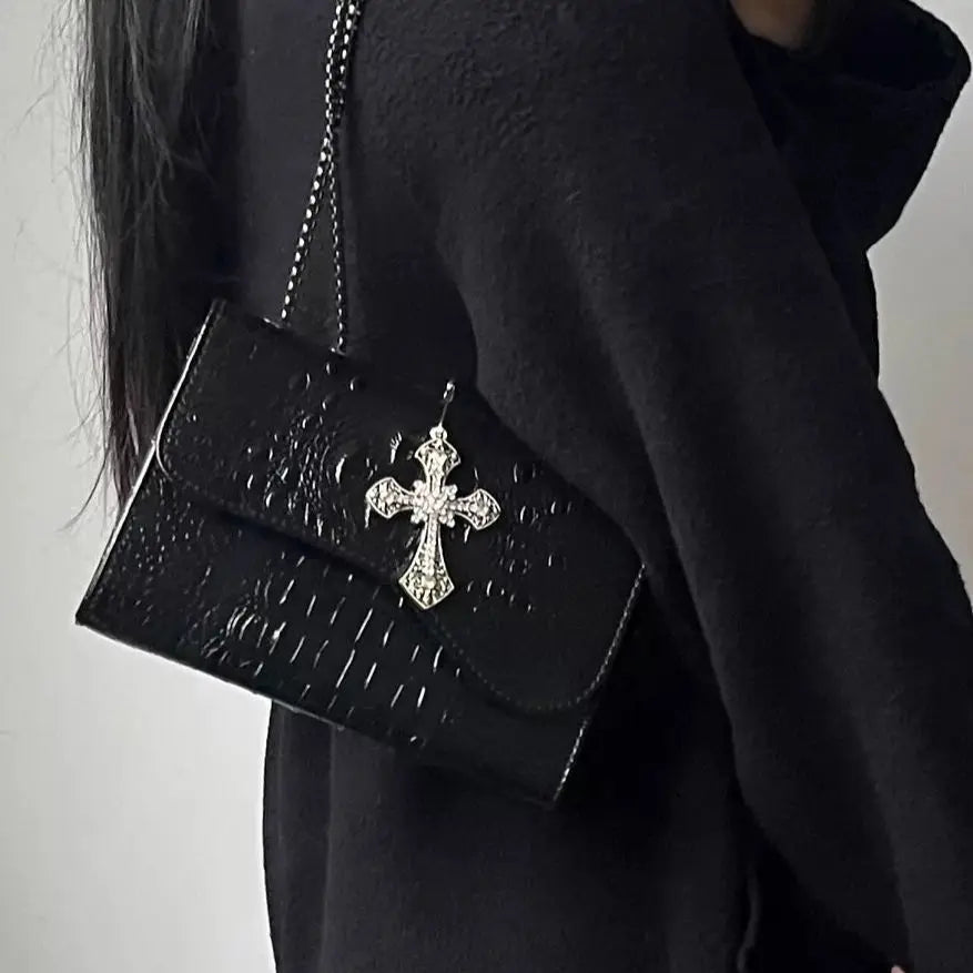 Vintage Black Gothic Underarm Bag Women Cross Faux Crocodile