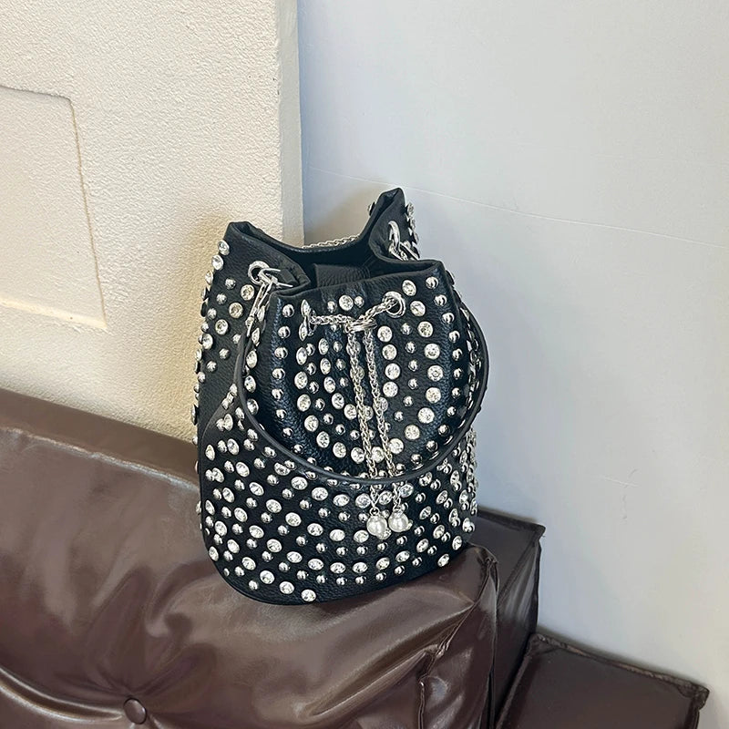 Studded Bucket Bag with Pearl Charm Drawstring Punk Rock Leather Shoulder Bag
