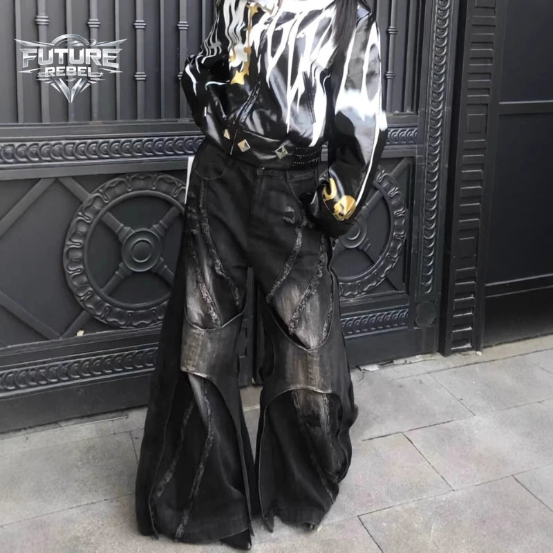 Y2K Patchwork Distressed Flared Jeans – Unisex Gothic Bell-Bottom Denim