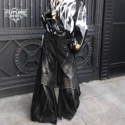 Y2K Patchwork Distressed Flared Jeans – Unisex Gothic Bell-Bottom Denim