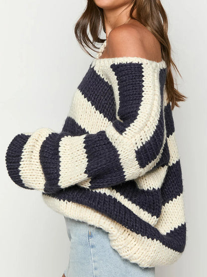 Off Shoulder Striped Knit Sweater – Oversized Y2K Pullover