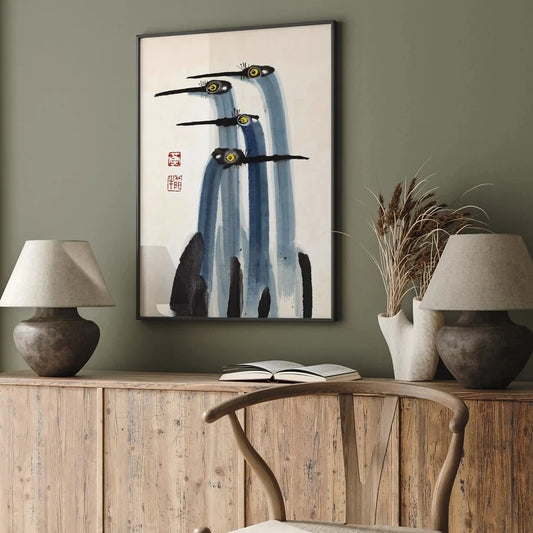 Japanese Crane Watercolor Wall Art Print – Vintage Asian Ink Painting