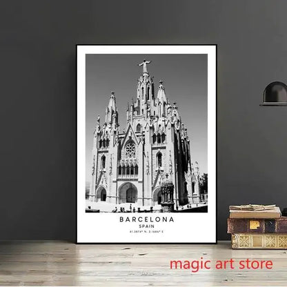 City Travel Poster – Black & White Landmark Wall Art Print for Home Decor