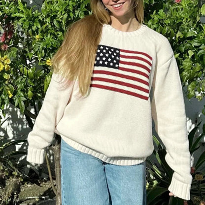 American Flag Knit Sweater – Women's Loose Fit Pullover