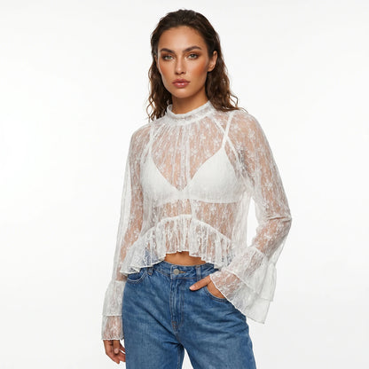 Women's Floral Lace Sheer Poncho Top – Off Shoulder Chiffon Cape