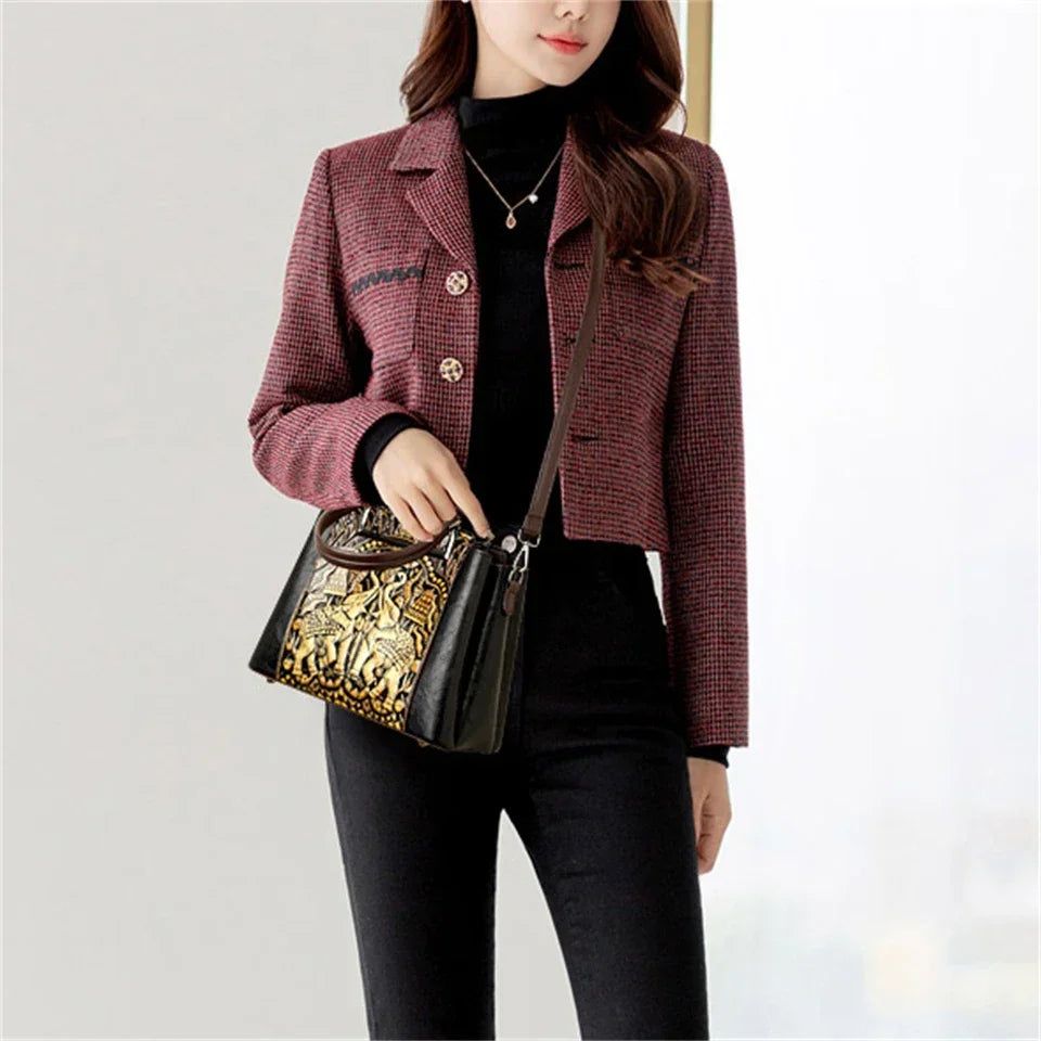 Vintage Embossed Handmade Handbag Women Versatile Pu Leather Shoulder Bag 3 Layers Large Capacity