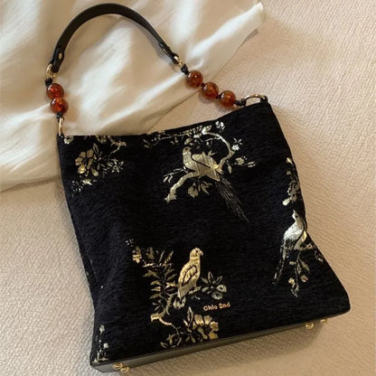 Vintage Landscape Embroidery Black Handbag