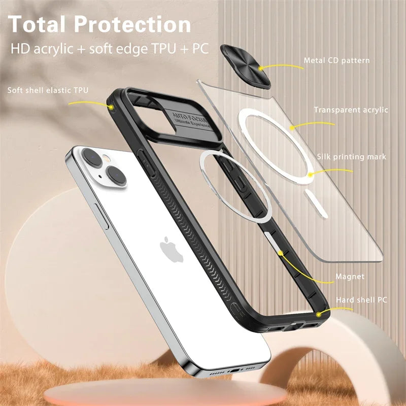 Slide Camera Lens MagSafe Case – Acrylic Wireless Charging | iPhone 7–15 Series