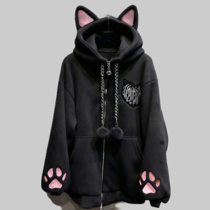 Cat Ear Velvet Hoodie – Women's Y2K Goth Zip-Up Coat