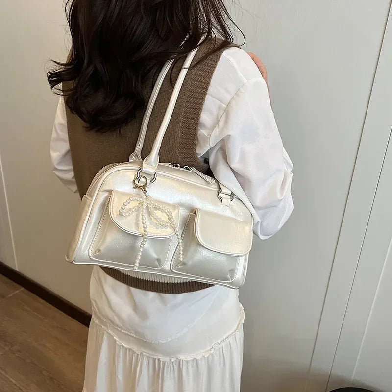 Solid Sewing Thread Fashion Glossy PU Shoulder Bags