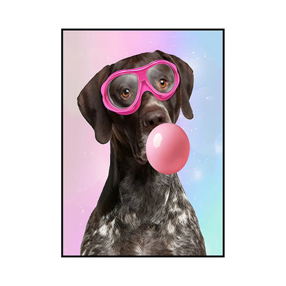 Funny Dog Bubble Gum Poster – Pomeranian with Pink Glasses Wall Art Print