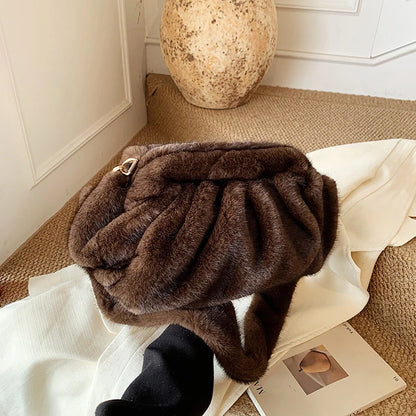 Fashion Pleated Cloud Bag Soft Faux Fur Handbag Popular Korean-style