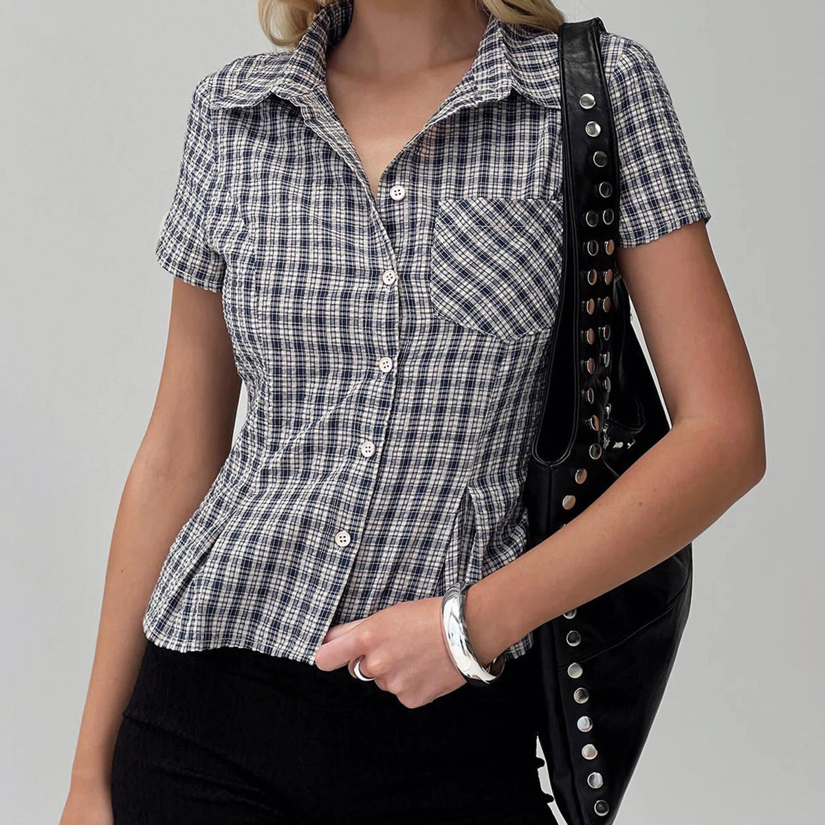 Plaid Short Sleeve Shirt – Women's Button-Up Collared Summer Top