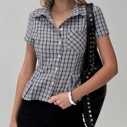 Plaid Short Sleeve Shirt – Women's Button-Up Collared Summer Top