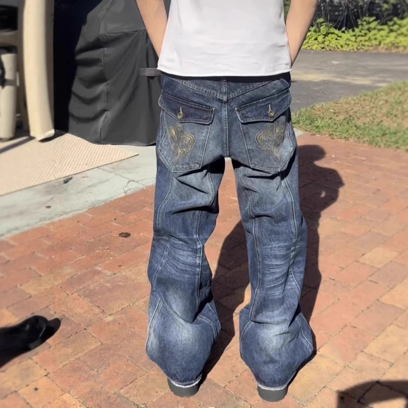 Mens Jeans Harajuku Vintage Streetwear Embroidery Hip Hop Denim Pants Washed Distressed Straight Leg