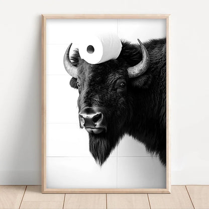 Funny Bathroom Wall Art Poster – Black & White Animal Toilet Paper Print