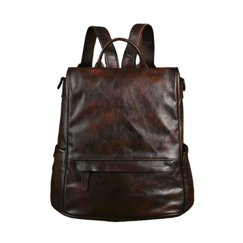 Vintage Wax Cowhide Leather Backpack for Women | Retro Flap