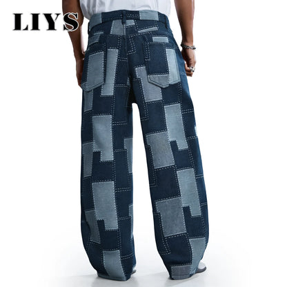 Pixel Pattern Wide Leg Baggy Jeans – Men's Street Denim Pants