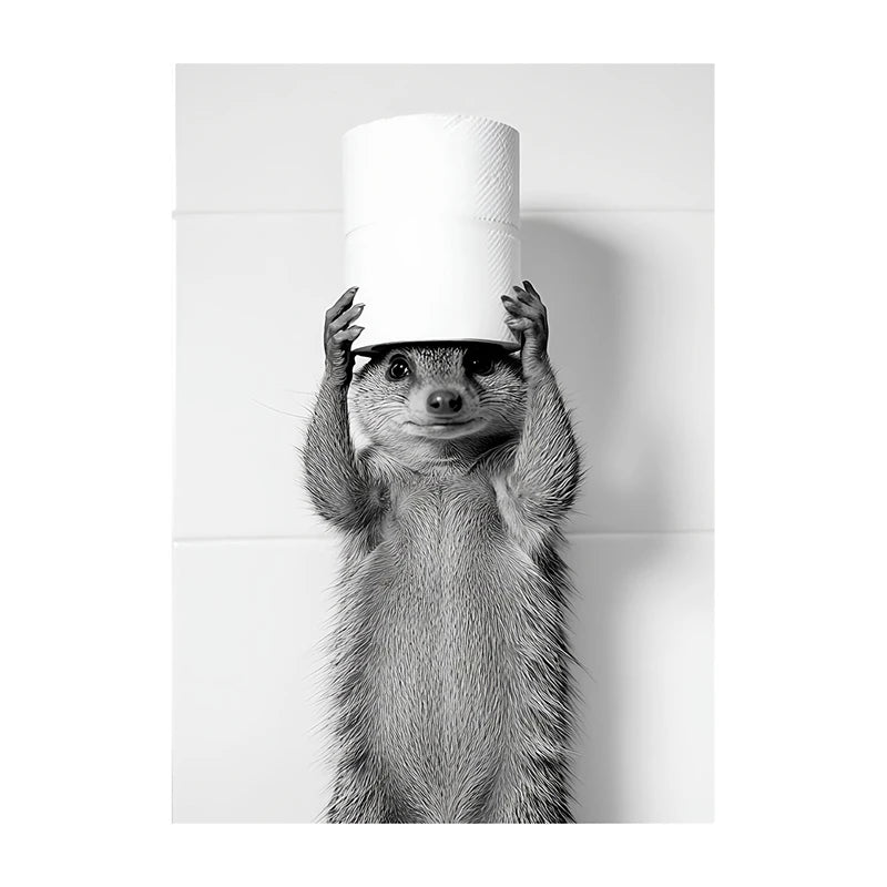 Funny Bathroom Wall Art Poster – Black & White Animal Toilet Paper Print