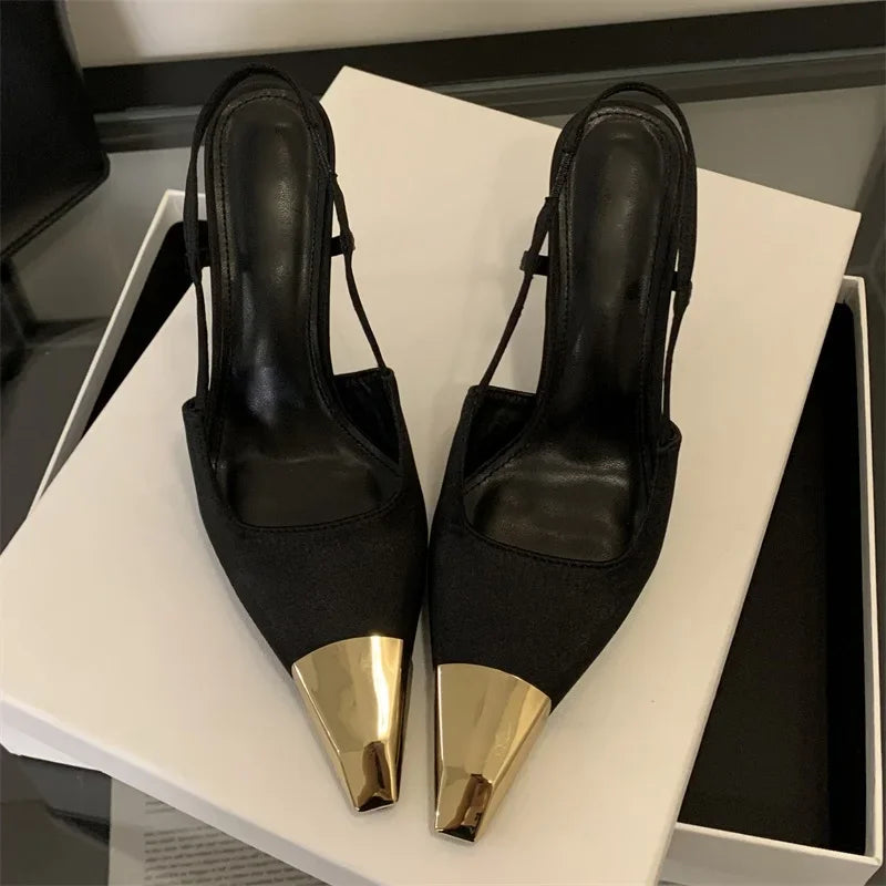 Pointed Toe Slingback Pumps Women Stiletto Heels Metal Toe Cap