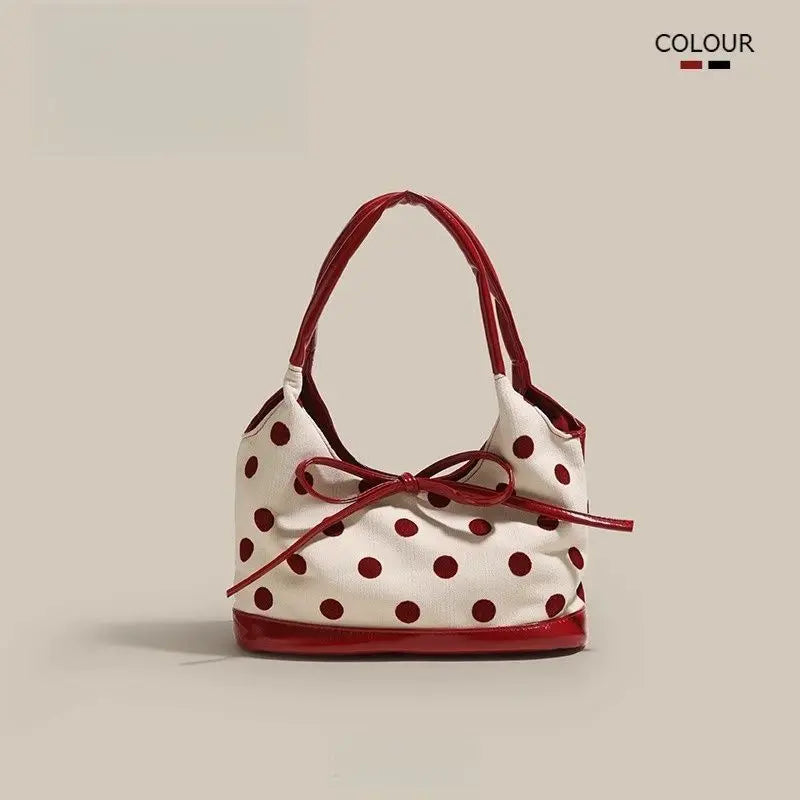 Retro Dot Red Handbag Women Versatile Bow Large Capacity
