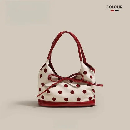 Retro Dot Red Handbag Women Versatile Bow Large Capacity