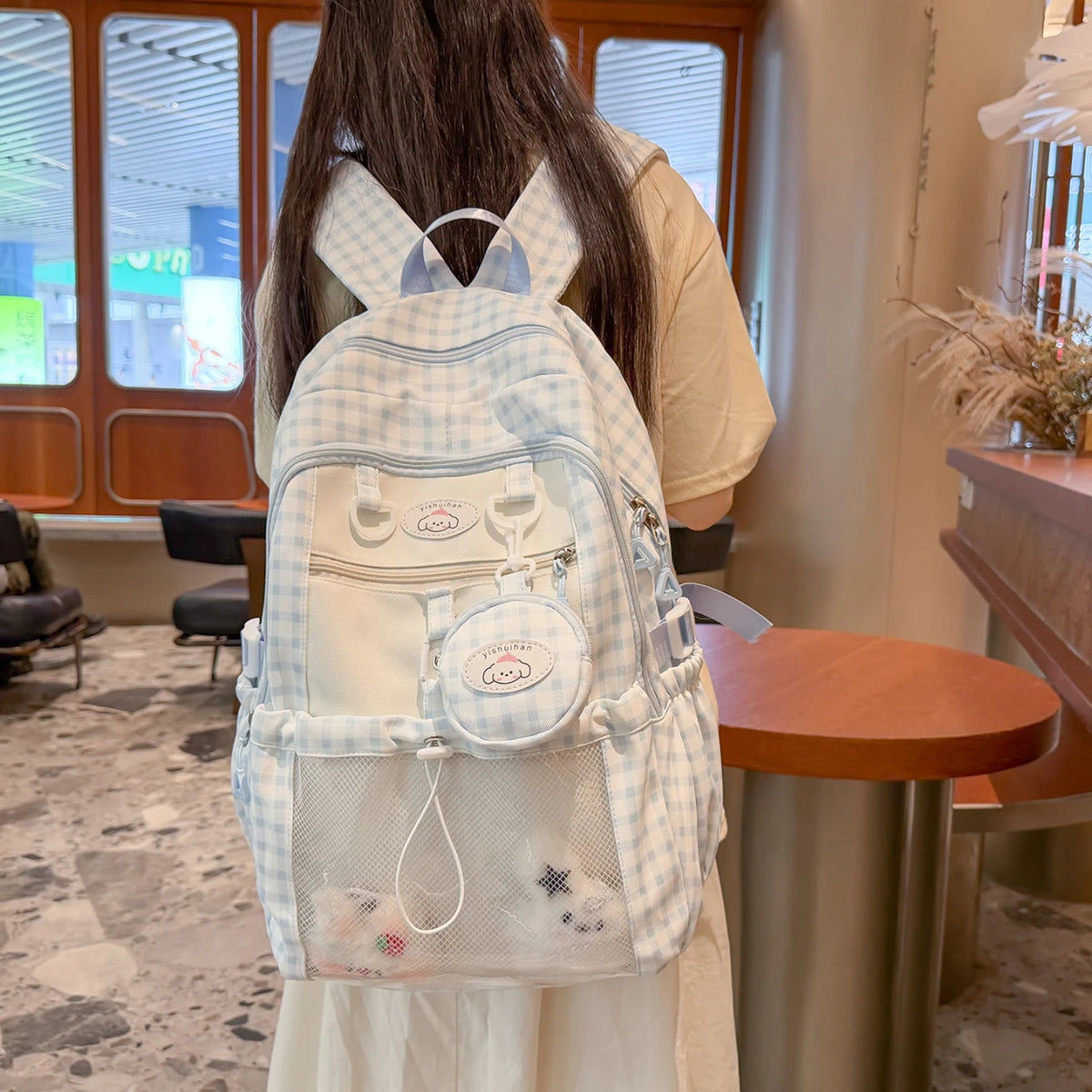Kawaii Checkered Mesh Backpack for Girls – Cute School Bag