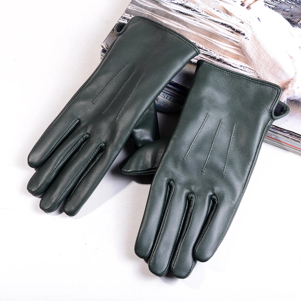 Women's Sheepskin Leather Winter Gloves with Thick Lining