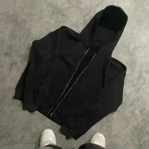 Vine Embroidered Gothic Zip-Up Hoodie – Unisex Streetwear