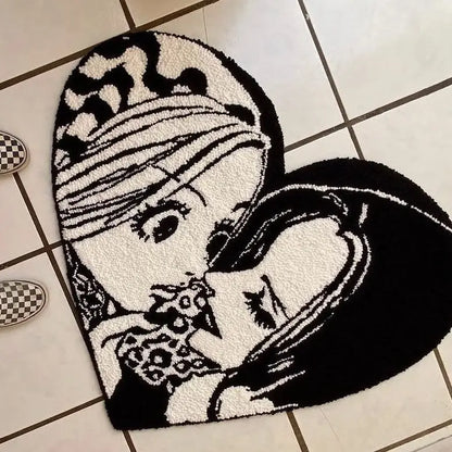 Black & White Comic Style Heart Rug – Manga Anime Decor Carpet for Bedroom & Living Room
