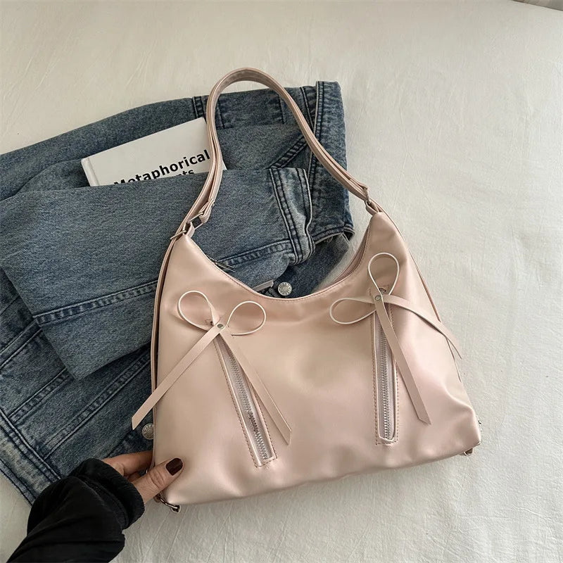 Silver Small Bow Pu Leather Shoulder Bags