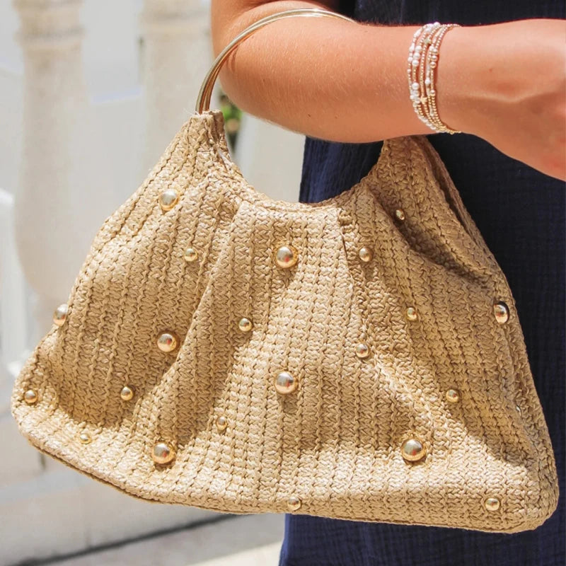 Boho Beaded Straw Handbag Elegant Circle Handle Clutch