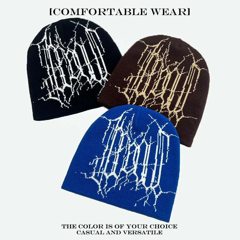 Spider Web Jacquard Beanie Hat – Dark Style Hip Hop Knit Cap