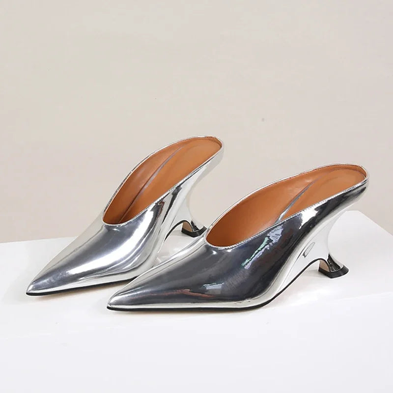 Pointed Toe Metallic Mule Heels for Women – Wedge Slipper Pumps
