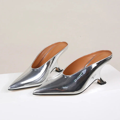 Pointed Toe Metallic Mule Heels for Women – Wedge Slipper Pumps
