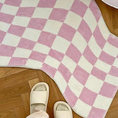 Checkered Wavy Bedroom Rug – Soft Pink Irregular Floor Mat for Girls & Living Room