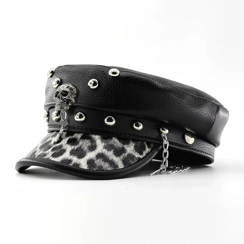 Punk PU Leather Military Beret with Skull Rivets & Chain