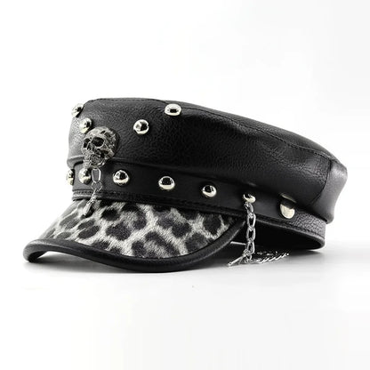 Punk Style PU Leather Military Cap with Skull Chain