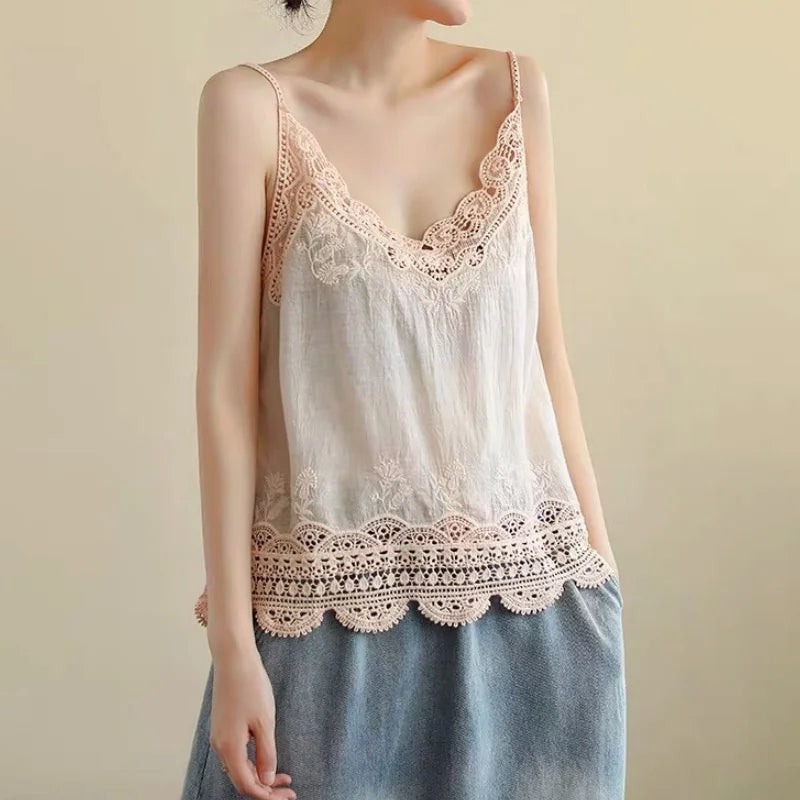 Lace Embroidered Camisole Top – Women's V-Neck Spaghetti Strap Tank