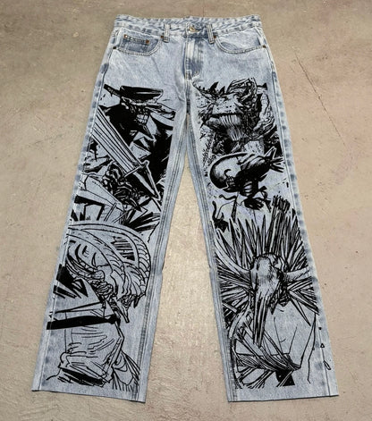 Anime Graphic Baggy Jeans – Y2K Streetwear Wide Leg Pants