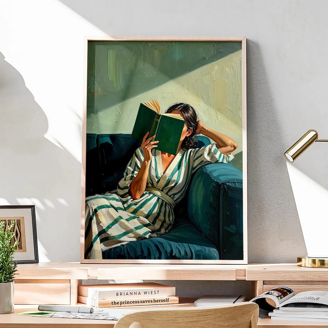 Reading Woman Wall Art Print – Emerald Green Abstract Portrait Poster