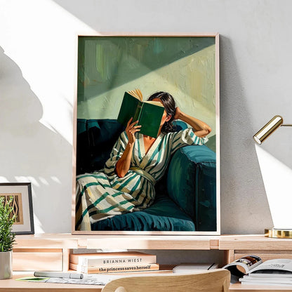 Reading Woman Wall Art Print – Emerald Green Abstract Portrait Poster