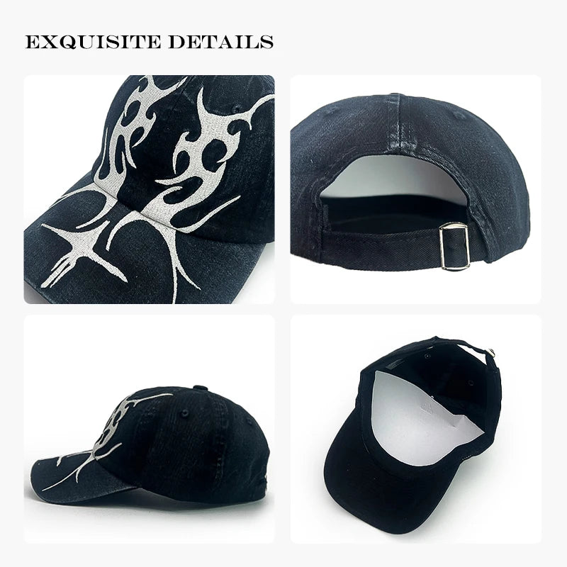 Flame Embroidered Baseball Cap – Y2K Street Style Hat for Men & Women