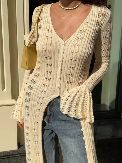 Crochet Knit Long Cardigan – Women's Flare Sleeve V-Neck Button-Up