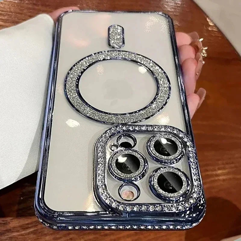 New Fashion Glitter Diamond Transparent Case For iPhone 17/ 16/ 15/ 14/ 13/ 11/ 12 Pro Max Funda Magnetic Wireless Charge Bumper Cover