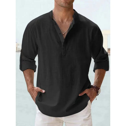 Men's Cotton Linen Henley Shirt – Long Sleeve Casual Beach Top