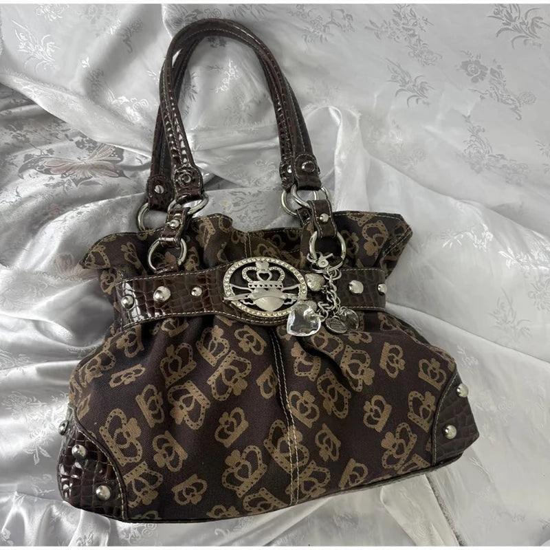 Vintage Y2k Print Shoulder Tote Bag Leather Splice Rivet