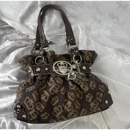 Vintage Y2k Print Shoulder Tote Bag Leather Splice Rivet